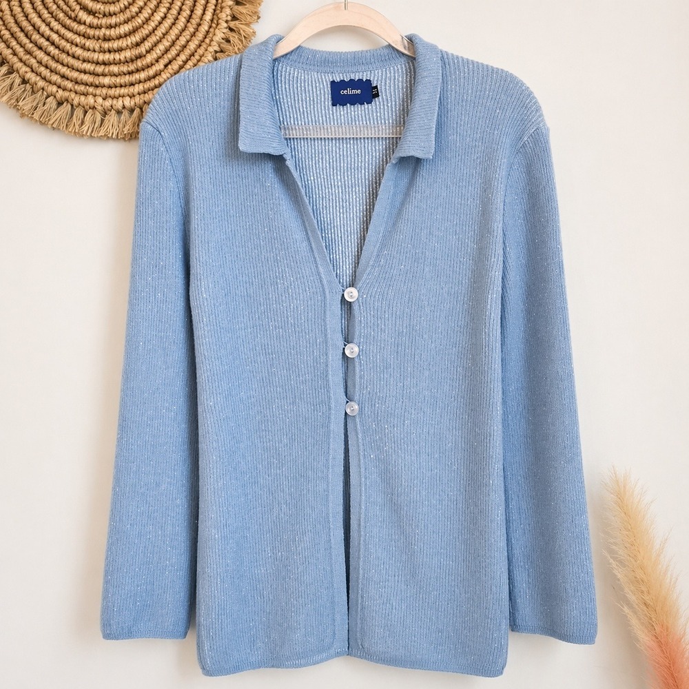 Free People x Celmo Shimmer Blue Three Button Cardi Sweater Cardigan SZ MediumY - Picture 9 of 9